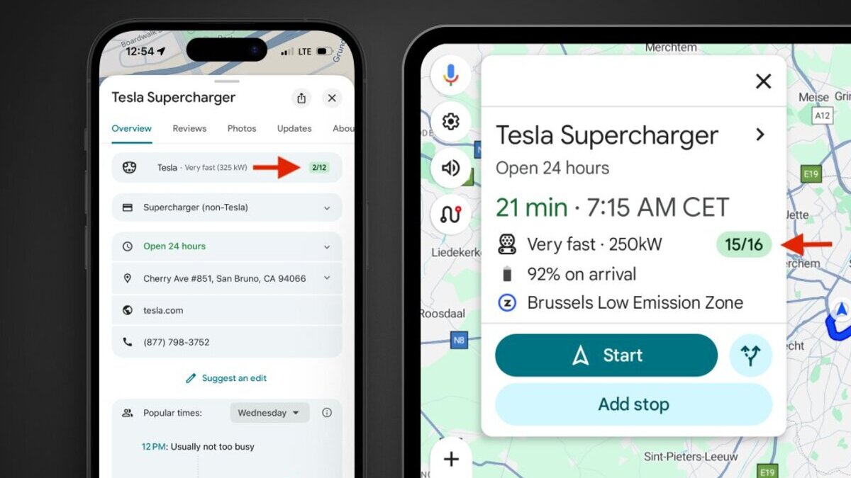 Google Maps Tesla Supercharer live availability
