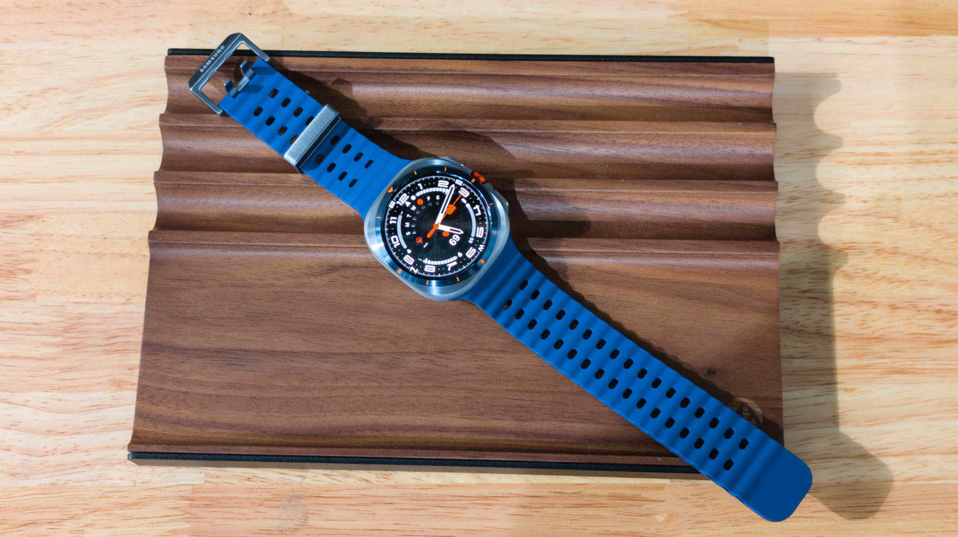 Samsung Galaxy Watch Ultra 2025 Titanium Blue flat on table