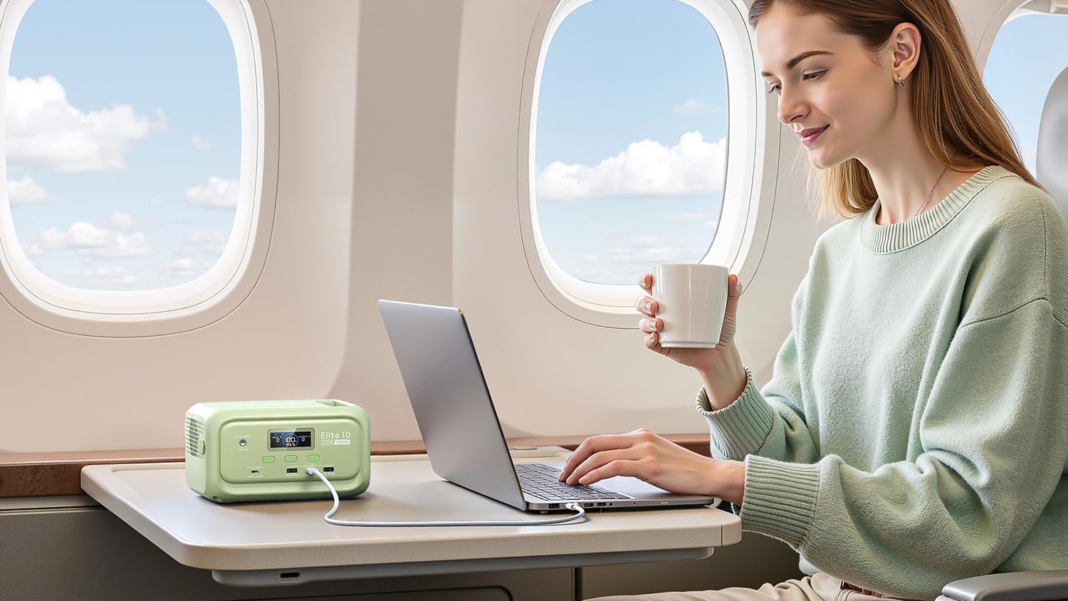 BLUETTI Elite 10 Mini Portable Power Station used by woman on plane