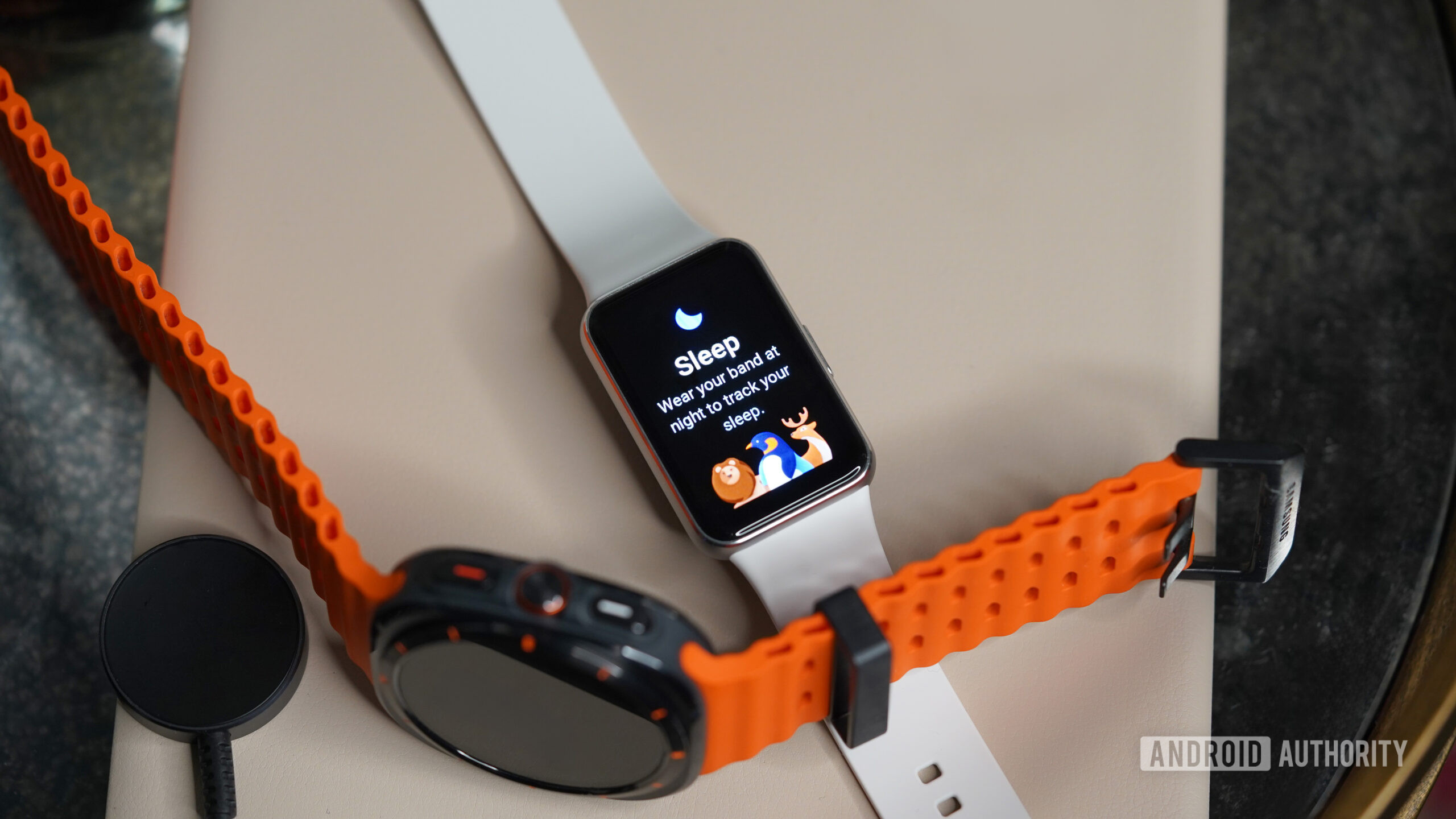 A Galaxy Fit 3 rests alongside a Galaxy Watch Ultra.