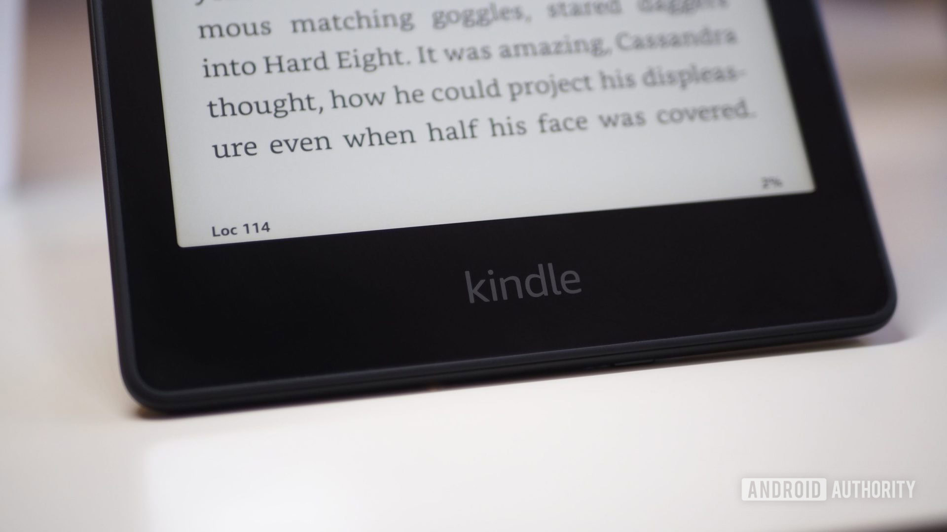 Amazon Kindle Paperwhite 2021 focus on Kindle logo below the display