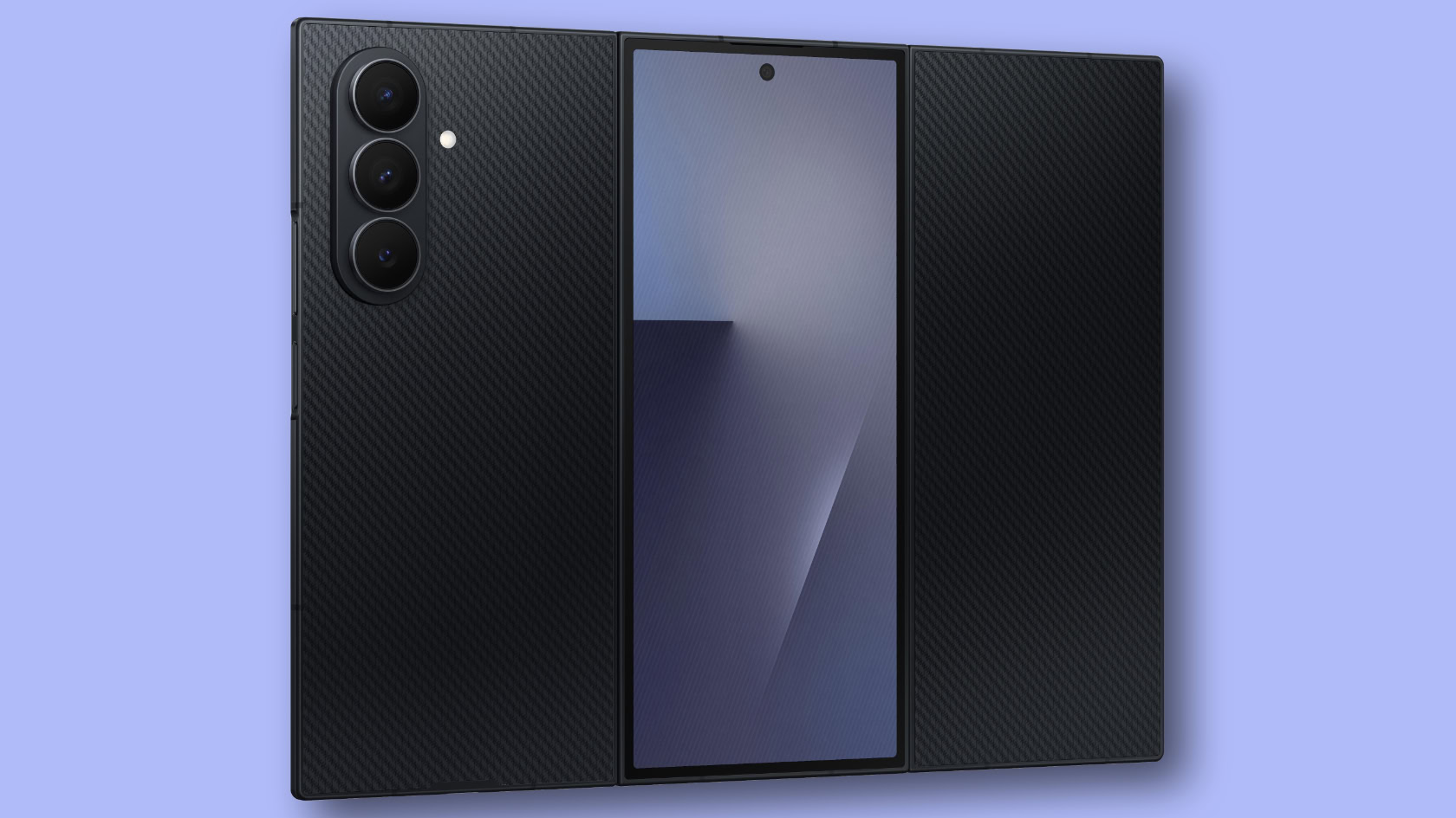 Official render of the Samsung Galaxy Z TriFold against a blue background.