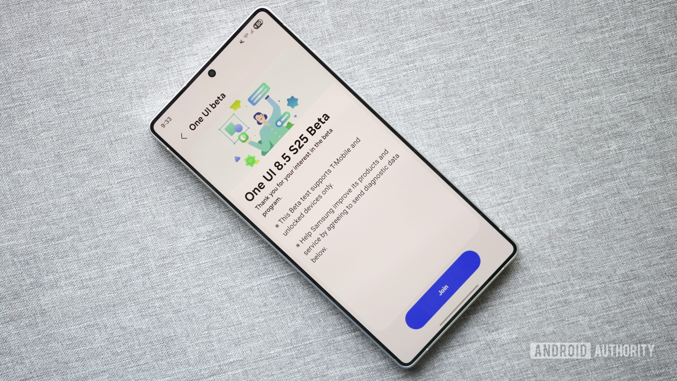 A Samsung phone showing the sign-up page for the One UI 8.5 beta.