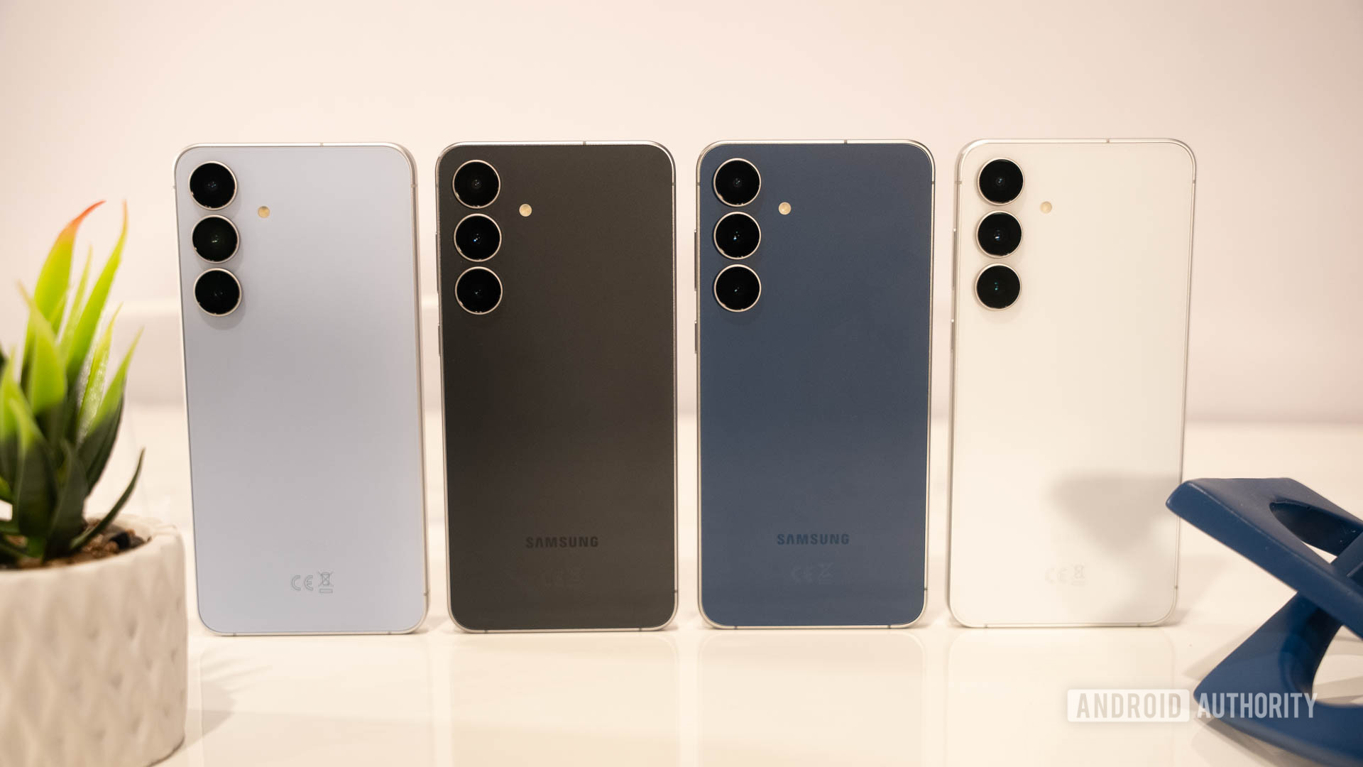 Samsung Galaxy S25 FE in all four colors standing in a line