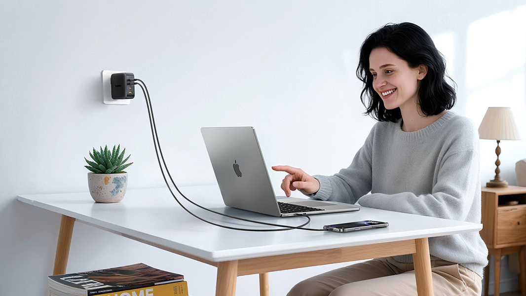 Woman using Baseus 140W USB C Charger to power her devices