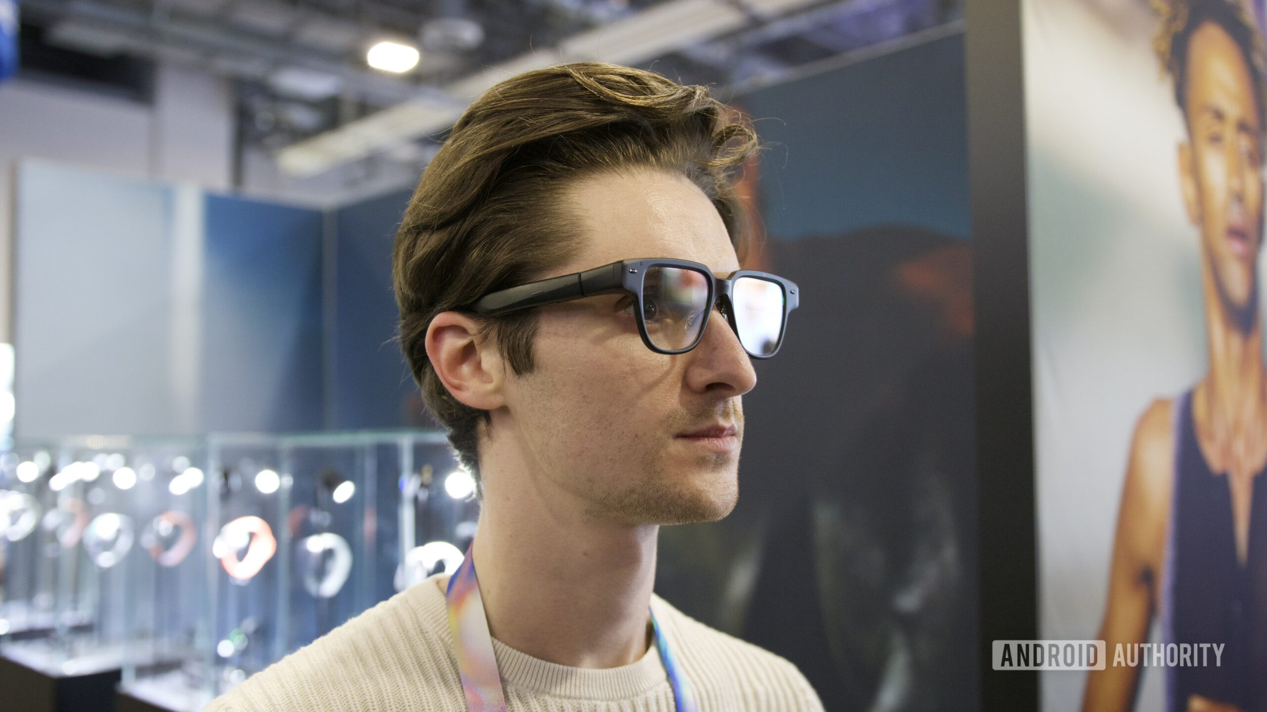 Someone wearing the Amazfit Helio smart glasses at CES 2026.